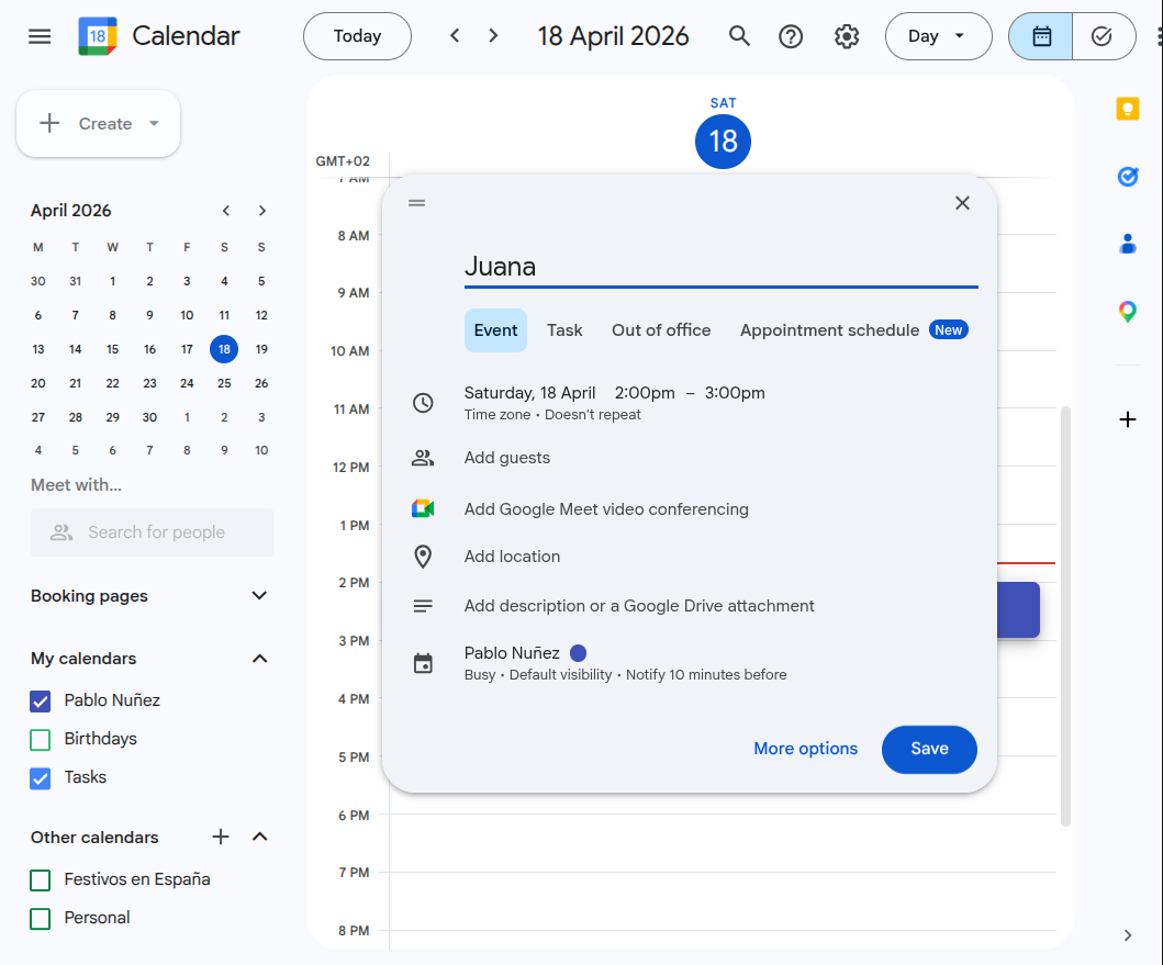 Google Calendar — creando un evento de sesión