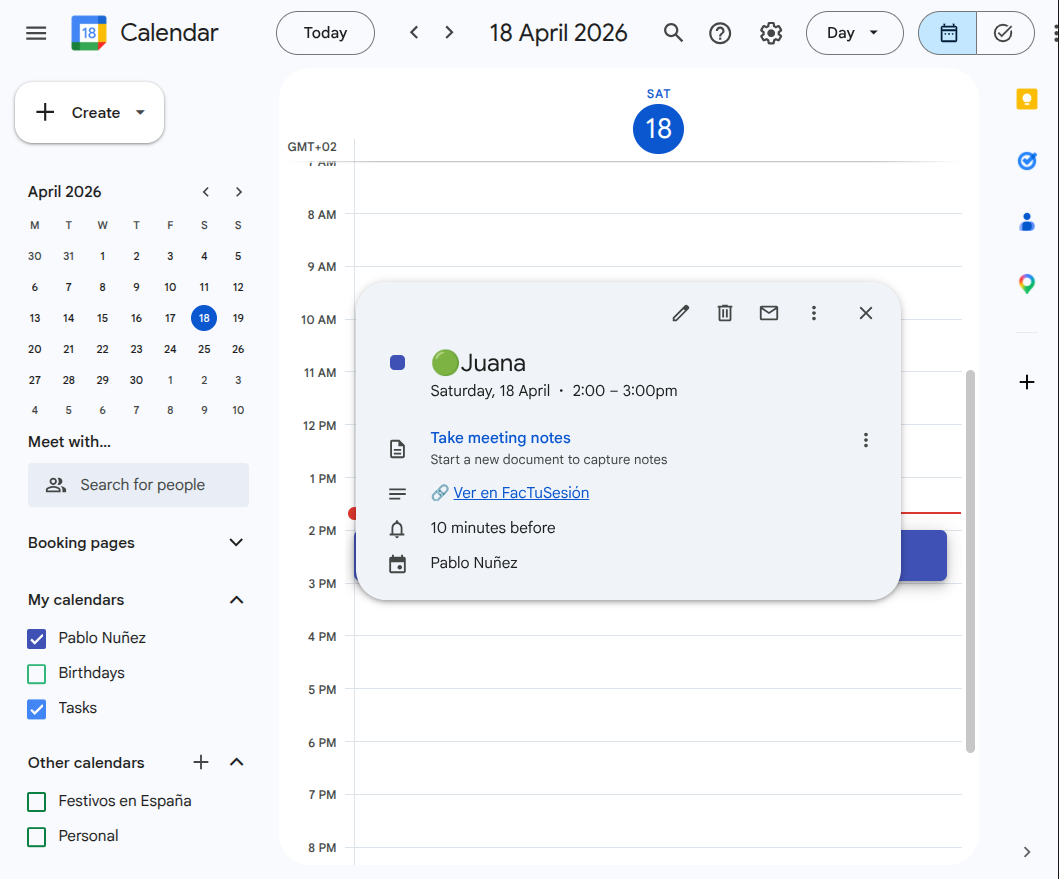 Google Calendar — enlace Ver en FacTuSesión en el evento