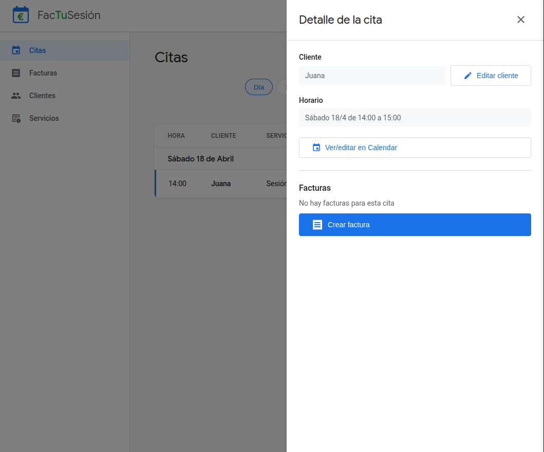 FacTuSesión — panel lateral con detalle de cita
